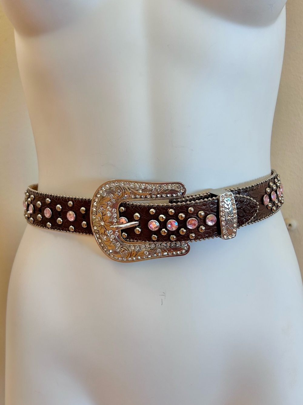 Nocona Pink Hearts Silver Rhinestone & Studded Brown Cowgirl Belt Western Small